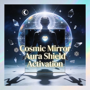 May include: An artistic digital illustration featuring a figure within a glowing sphere, with the text "Cosmic Mirror Aura Shield Activation." The image has a celestial theme with stars, geometric shapes, and a mirrored surface.