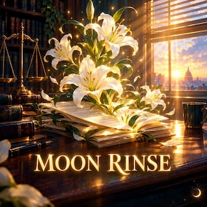 May include: An open book with white lily flowers emerging from the pages, placed on a dark wooden desk. A brass scale of justice, a fountain pen, and a dark mug are nearby. The text MOON RINSE is displayed in gold lettering at the bottom.