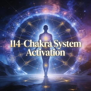 Può includere: Opera d'arte digitale raffigurante una figura umana stilizzata con punti chakra luminosi, circondata da una rete di linee ed elementi celesti. Il testo "114-Chakra System Activation" è in oro, su sfondo cosmico.