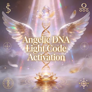 May include: An artistic digital image with the text "Angelic DNA Light Code Activation". The image features angel wings, a DNA strand, a lotus flower, and a crystal. The color palette includes gold, white, and purple hues, with light rays emanating from the center.
