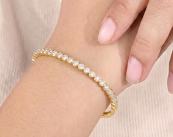 Diamond Bezel Bangle, Gold Tennis Bracelet for Women, Minimalist Luxury Jewelry, Anniversary Gift for Her