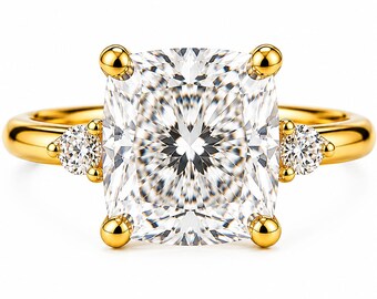 18K Gold Cushion Cut Moissanite Three Stone Ring, Vintage Wedding Anniversary Gift