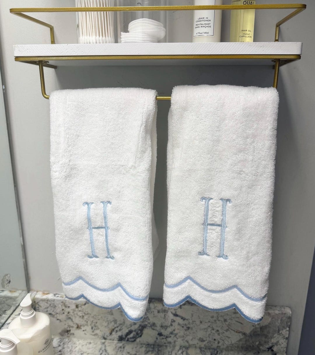 Monogram hand towel | scalloped towel | Guest bathroom - white w sage scallop