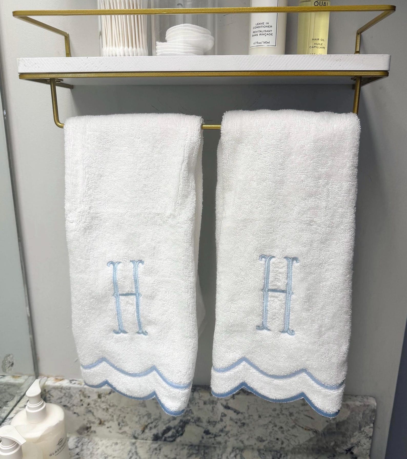 Monogram hand towel | scalloped towel | Guest bathroom - white w blue scallop letter A