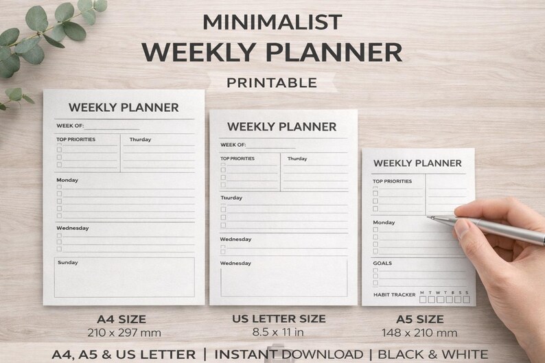 Minimalist Weekly Planner Printable | Schedule PDF (A4, A5, US Letter ...