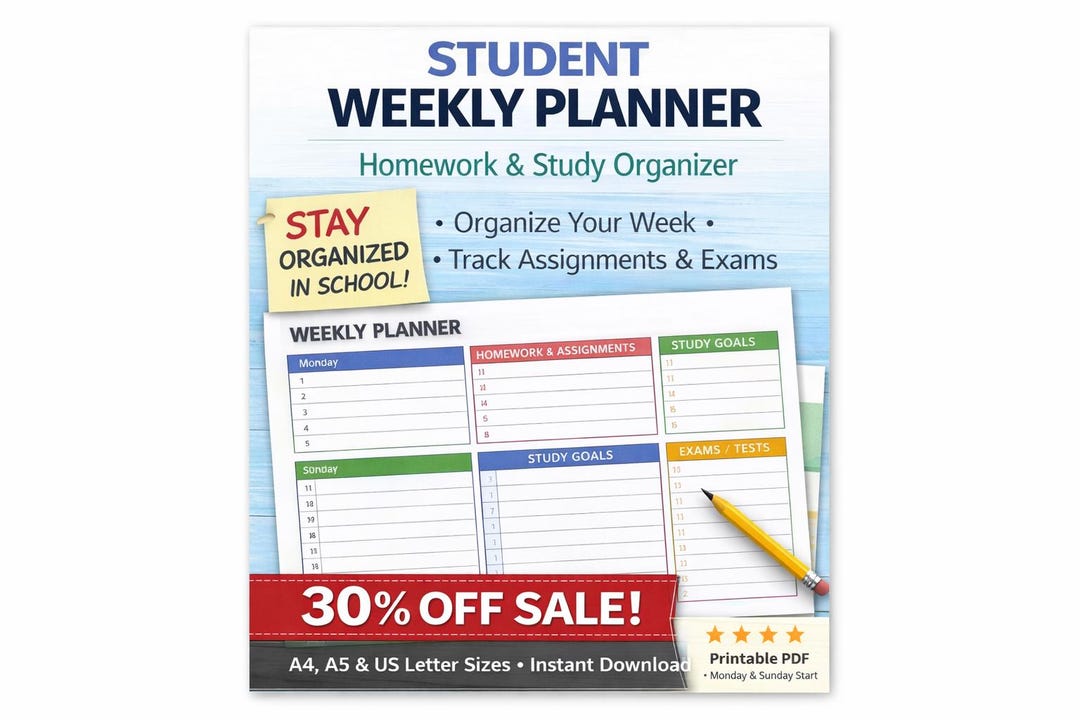Student Weekly Planner Printable | Homework Study Organizer (digital ...