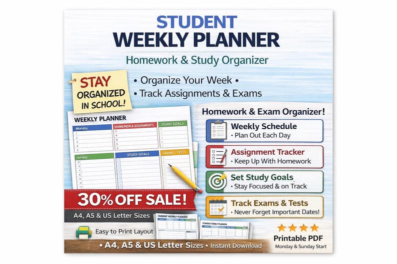 Student Weekly Planner Printable | Homework Study Organizer (digital ...