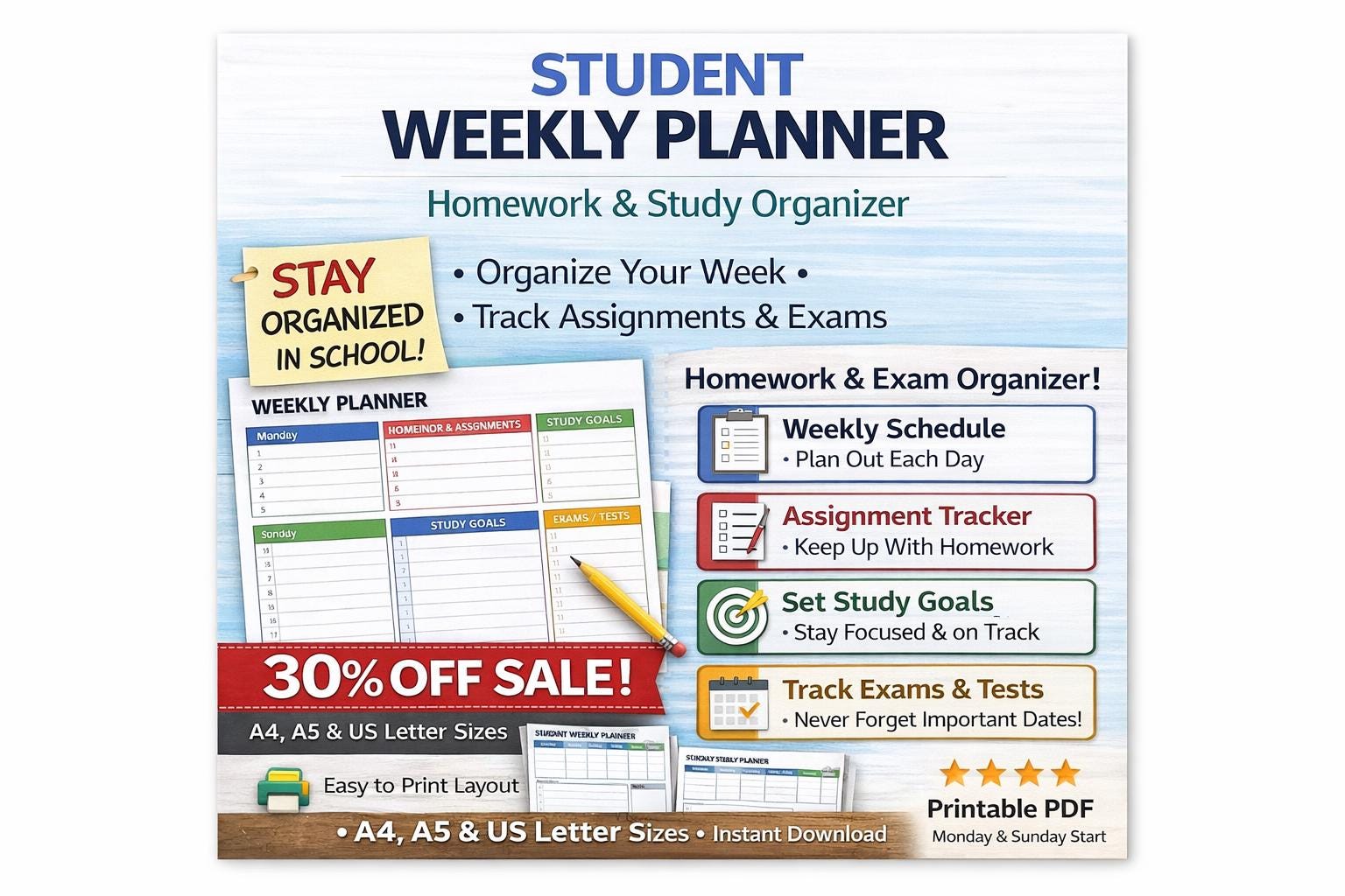 Student Weekly Planner Printable | Homework Study Organizer (digital ...