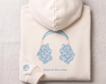 Embroidered ocean hoodie, coastal sweatshirt with seashell design, personalized beach hoodie, nautical streetwear, sailing gift