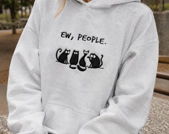 Hoodie mit schwarzer Katze und Stickerei – Lustiger Spruch für Introvertierte, Tierliebhaber, Kuschelpullover, Geschenk für Bücherwürmer