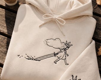 Fantasy-Schwertkämpfer-Hoodie mit Stickerei, Skizzenkunst, Krieger-Streetwear, Manga-inspirierter Pullover, Gamer-Geschenkbekleidung