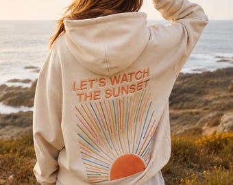 Bestickter Sonnenuntergangs-Hoodie, Strand-Geschenk, Retro-Sommer-Sweatshirt, Ozeanliebhaber-Urlaubspullover, Unisex