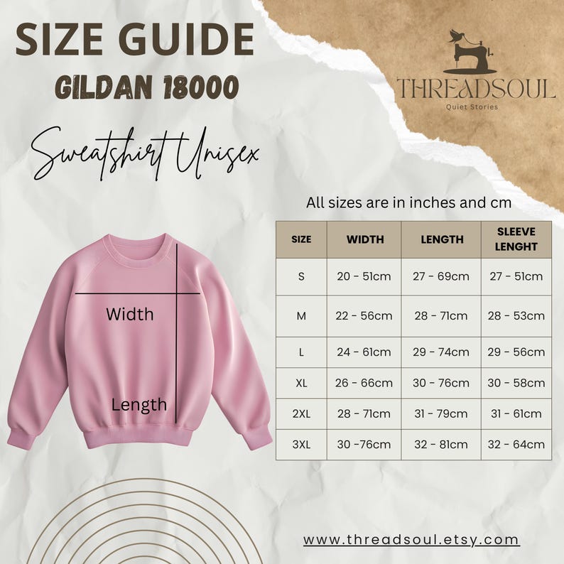 May include: A size guide for a Gildan 18000 unisex sweatshirt featuring a pink crewneck sweatshirt illustration and a table listing width, length, and sleeve length measurements in inches and centimeters for sizes small through 3XL.