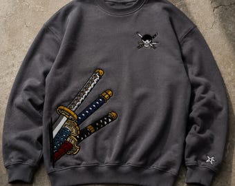 Sweatshirt mit japanischem Schwertmotiv, Katana-Stickerei, Streetwear, Samurai-inspirierter Pullover, Gamer-Geschenk, alternativer Stil