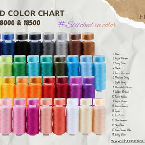 May include: A thread color chart for Gildan 18000 and 18500 garments, featuring 36 spools of thread in various colors arranged in rows. The text reads THREAD COLOR CHART, #Stitched in color, THREADSOUL, and a numbered list of 36 color names.