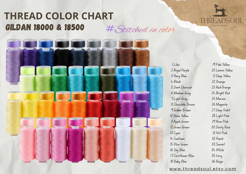 May include: A thread color chart for Gildan 18000 and 18500 garments, featuring 36 spools of thread in various colors arranged in rows. The text reads THREAD COLOR CHART, #Stitched in color, THREADSOUL, and a numbered list of 36 color names.