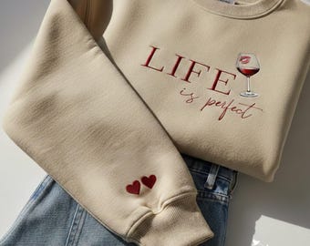 Besticktes Sweatshirt, Wein-Liebhaber-Geschenk, romantischer Rundhalsausschnitt, Unisex Pullover