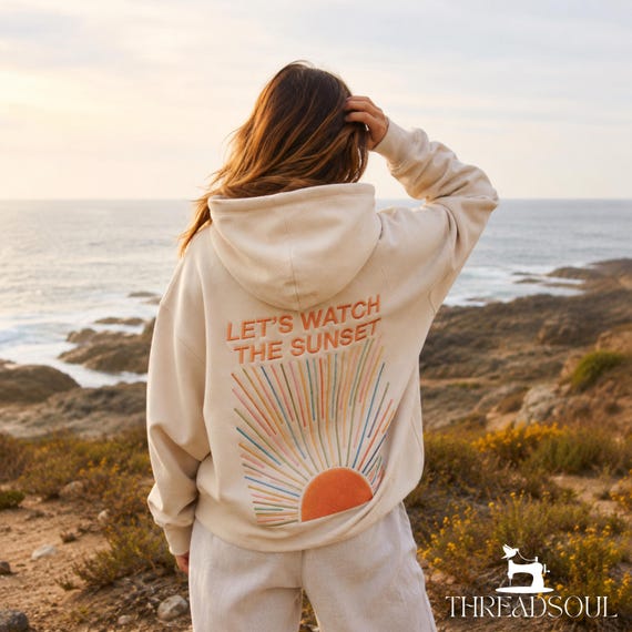 Embroidered Sunset Hoodie Coastal Beach Gift Retro Summer Sweatshirt Ocean Lover Vacation Pullover Unisex