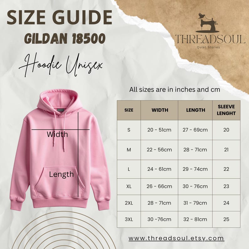 May include: A pink unisex hoodie with a front pocket and drawstrings, accompanied by a size guide chart for Gildan 18500. The chart lists sizes S through 3XL with corresponding width, length, and sleeve measurements in inches and centimeters.