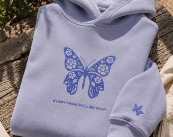 Hoodie mit Blumen- und Schmetterlingsstickerei, positiver Botschaft, botanischer Pullover, gemütliches Geschenk für Naturliebhaber, Alltagskleidung