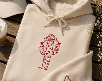 Hoodie mit Herzkaktus-Stickerei, Western-Wüstenliebe-Pullover, Cowgirl-Geschenk zum Valentinstag