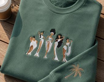 Modisches Mädchen-Sweatshirt mit Stickerei, tropischer Illustration, Rundhalsausschnitt, Geschenkidee für Freundinnen, schicker Resort-Stil