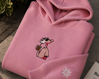 Kapuzenpullover mit pinkfarbener Cartoon-Katze und Stickerei, Retro-Streetwear für Kaffeeliebhaber, kuscheliger Pullover als Geschenk für Cafés