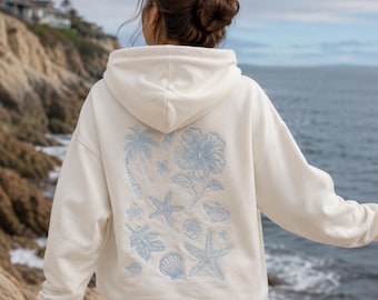 Embroidered Coastal Hoodie Beach Botanical Sweatshirt Ocean Lover Gift Seashell Starfish Tropical Paradise Unisex