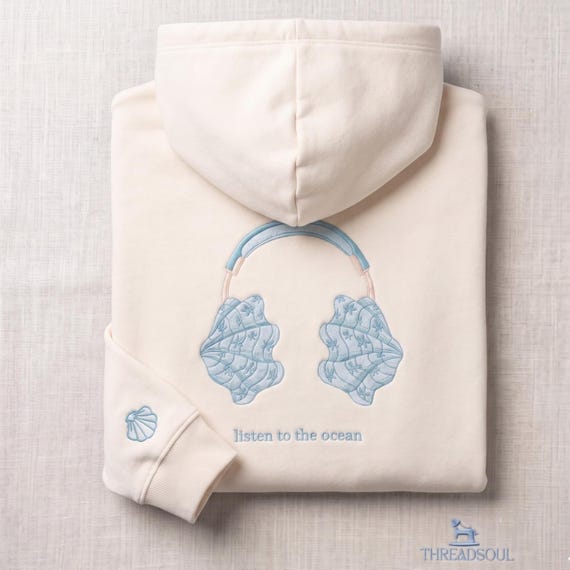 Embroidered ocean hoodie, coastal sweatshirt with seashell design, personalized beach hoodie, nautical streetwear, sailing gift