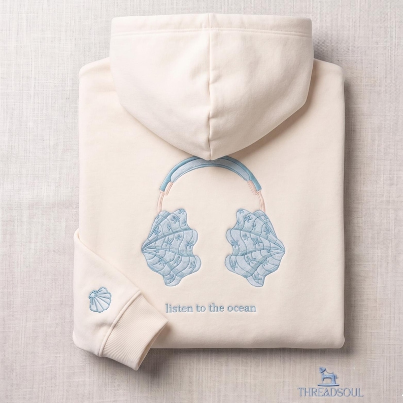 Embroidered ocean hoodie, coastal sweatshirt with seashell design, personalized beach hoodie, nautical streetwear, sailing gift image 1