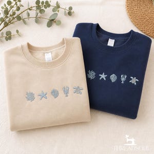 Custom Embroidered Beach Sweatshirt, Personalized Ocean Gift, Coastal Seashell Starfish Turtle Pullover