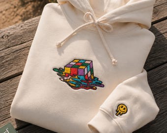 Bunter Hoodie mit Puzzle-Würfel-Stickerei, schmelzende Kunst, Retro-Streetwear, Gamer-Geschenk, kuscheliger Statement-Pullover