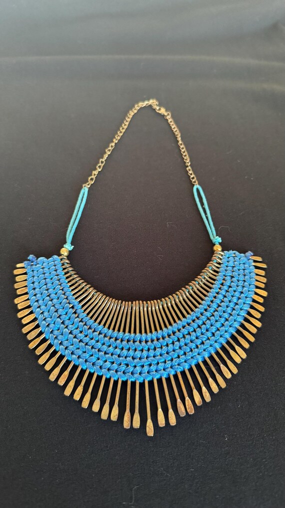Blue Macrame Statement Necklace, Brass Fringe Tri… - image 3