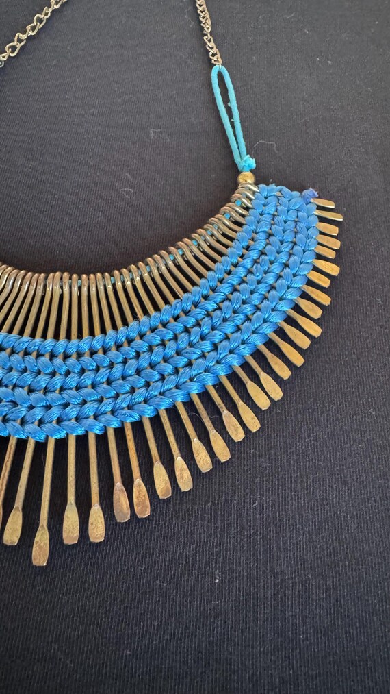 Blue Macrame Statement Necklace, Brass Fringe Tri… - image 4