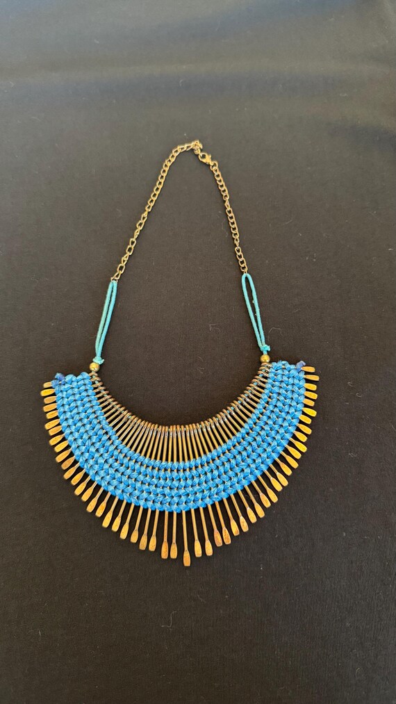 Blue Macrame Statement Necklace, Brass Fringe Tri… - image 2