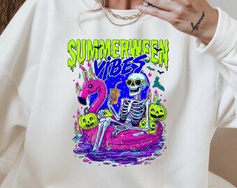 Summerween Vibes PNG, Skeleton Flamingo Pool Float, Spooky Halloween Design (Digital Download)