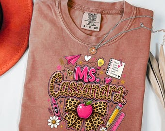 Personalized Teacher Name PNG: Leopard Glitter Apple Bow Classroom Decor (Digital Download)