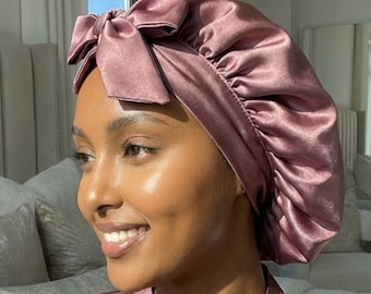 Gorro de satén con lazo, gorro de dormir ajustable para trenzas, cabello natural