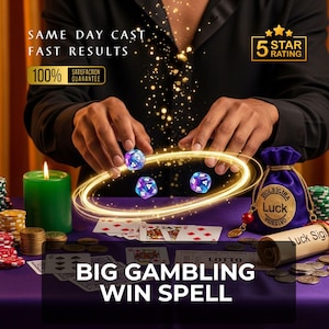 Könnte beinhalten: Ein Bild, das einen Glücksspiel-Gewinnzauber bewirbt. Die Szene zeigt Würfel, Spielkarten, eine brennende grüne Kerze und einen lila Samtbeutel. Der Text enthält "BIG GAMBLING WIN SPELL", "SAME DAY CAST, FAST RESULTS" und ein "100% Satisfaction Guarantee"-Abzeichen.