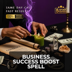 May include: An image promoting a business success boost spell. The image features a lit green candle, a scroll labeled "CONTRACT", stacks of money, coins, crystals, and the text "BUSINESS SUCCESS BOOST SPELL". Additional text includes "SAME DAY CAST", "FAST RESULTS", and "100% SATISFACTION GUARANTEE".