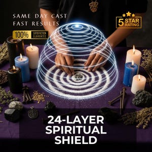 Op de afbeelding: Een spirituele afbeelding met kaarsen, kristallen en een gloeiend energietveld. De tekst luidt "SAME DAY CAST, FAST RESULTS" en "24-LAYER SPIRITUAL SHIELD". Een "5 STAR RATING" en "100% SATISFACTION GUARANTEE" worden ook weergegeven.