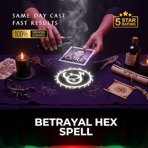 May include: A mystical scene with a purple tablecloth, featuring a glowing symbol, candles, and a scorpion figurine. The image includes text that reads "SAME DAY CAST, FAST RESULTS, 100% SATISFACTION GUARANTEE, 5 STAR RATING" and "BETRAYAL HEX SPELL". A bottle labeled "JUSTICE HEX" is also visible.