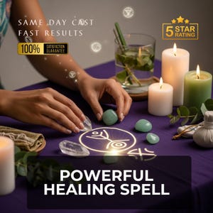 Może przedstawiać: Fioletowy stół ze świecami, kryształami i zielonymi kamieniami. Tekst brzmi "POWERFUL HEALING SPELL" i "SAME DAY CAST FAST RESULTS". Widoczna jest również szklanka wody z ziołami i ocena 5 gwiazdek.