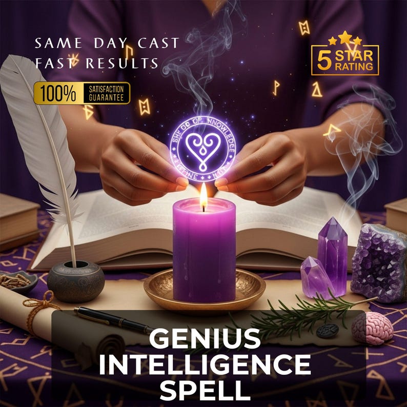May include: A purple candle burns brightly on a gold plate, with a glowing circular emblem held above it. The image includes crystals, a feather quill, and the text "GENIUS INTELLIGENCE SPELL". The background is a purple cloth with symbols.