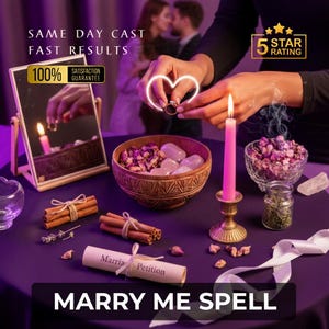 May include: A table setting for a love spell, featuring a lit pink candle, a mirror, a bowl of rose petals, and a scroll labeled "Marria Petition." The text "MARRY ME SPELL" is displayed at the bottom.