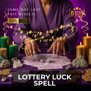 Può includere: Immagine che promuove un incantesimo della fortuna alla lotteria. La scena presenta una persona in accappatoio viola, dadi, candele e biglietti della lotteria. Il testo include "Same Day Cast, Fast Results, 100% Satisfaction Guarantee" e "Lottery Luck Spell".