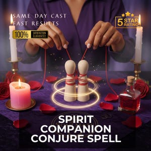 Könnte beinhalten: Ein Bild mit zwei Holzfiguren, die mit roter Schnur verbunden sind, umgeben von Kerzen, Rosenblättern und einer kleinen Flasche. Der Text lautet "SPIRIT COMPANION CONJURE SPELL", "SAME DAY CAST FAST RESULTS" und "100% SATISFACTION GUARANTEE".