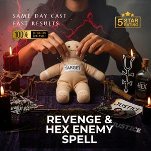 Puede incluir: Una muñeca vudú beige con la palabra "TARGET" en una etiqueta, perforada con alfileres. La imagen incluye velas, una botella etiquetada "MASTER HEX" y el texto "REVENGE & HEX ENEMY SPELL". La imagen también incluye el texto "SAME DAY CAST FAST RESULTS" y "100% SATISFACCIÓN GARANTIZADA".