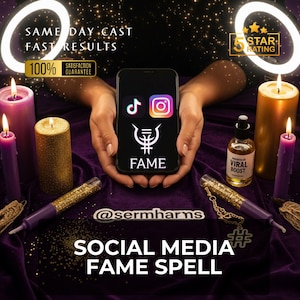 Op de afbeelding: Een promotieafbeelding met een smartphone met pictogrammen van sociale media-apps en het woord "FAME". De afbeelding bevat kaarsen, een fles met het label "VIRAL BOOST" en de tekst "SOCIAL MEDIA FAME SPELL".