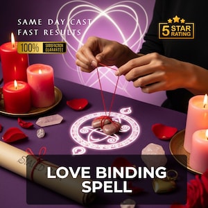 以下が含まれることがあります： 赤いろうそく、バラの花びら、巻物を使ったラブバインディングスペルのプロモーション画像。テキストには「SAME DAY CAST、FAST RESULTS、100％ SATISFACTION GUARANTEE、LOVE BINDING SPELL」と5つ星評価が表示されています。
